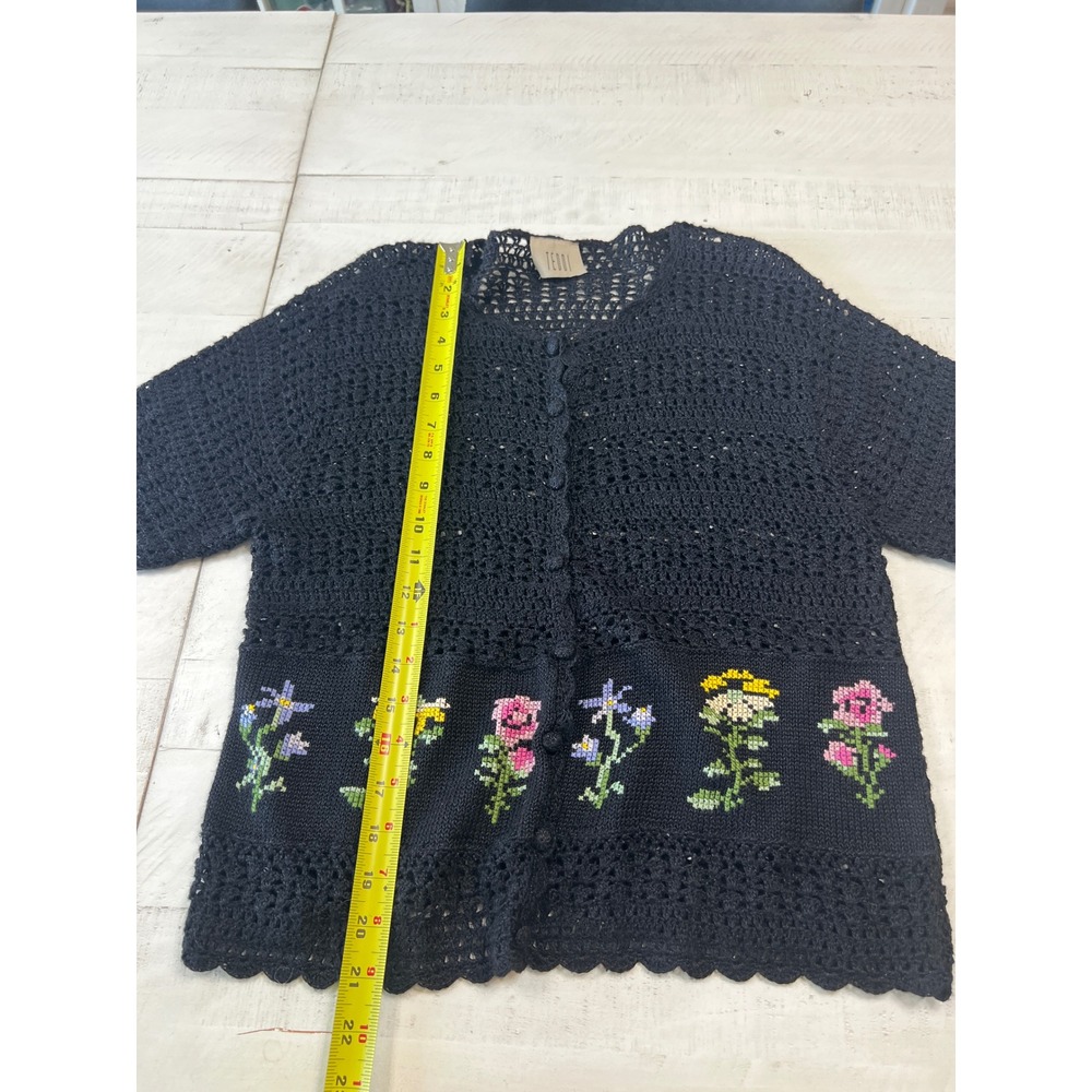 Vintage Teddi Black Crochet Knit Floral Embroidered Short Sleeve Cardigan Top - Picture 5 of 5